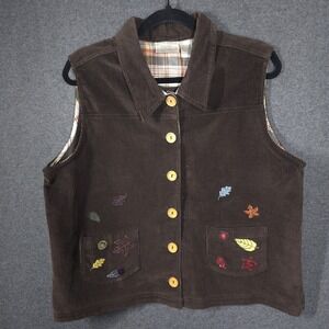 Vtg Y2K 90s Baxter & Wells Petite Corduroy Vest P/XL Embroidered Autumn Leaves‎